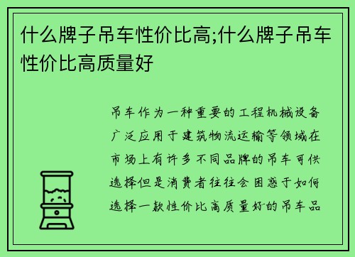 什么牌子吊车性价比高;什么牌子吊车性价比高质量好
